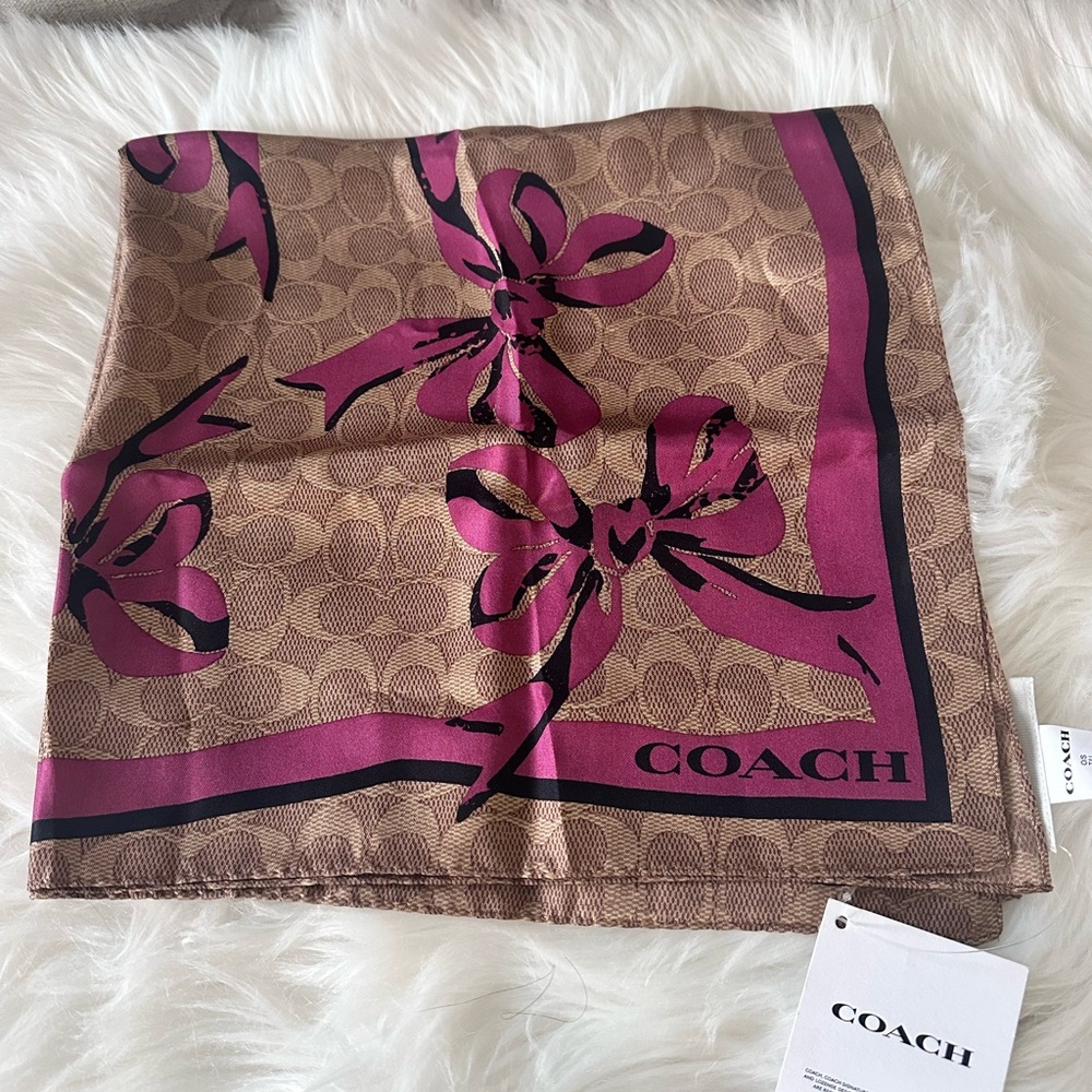 Coach Signature Pink Bow Print Silk Bandana / Scarf - Picture 2 of 4